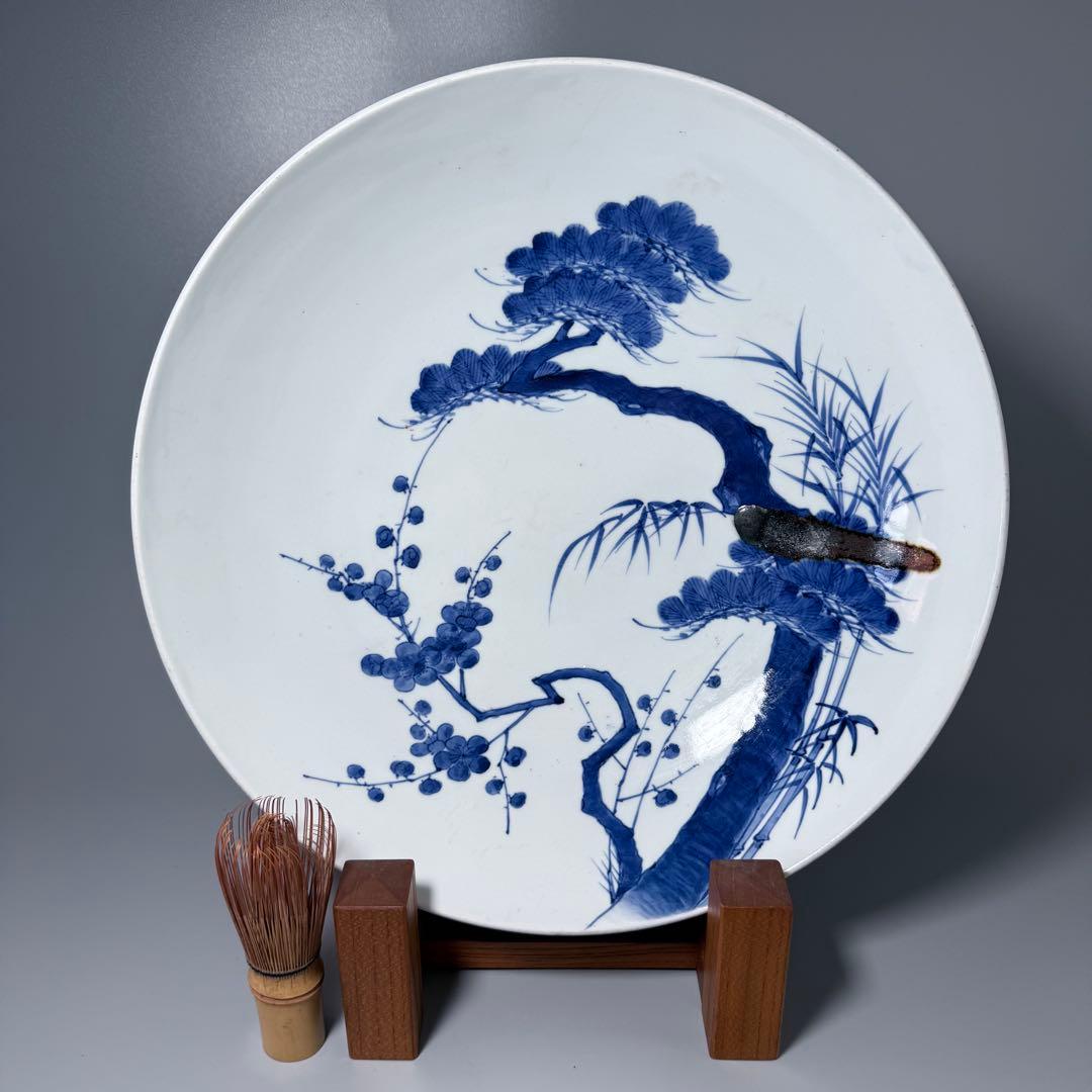 後期鍋島　染付松竹梅大皿　江戸期　三方兜唐花文　高台櫛目文　34cm　蒐集家旧蔵