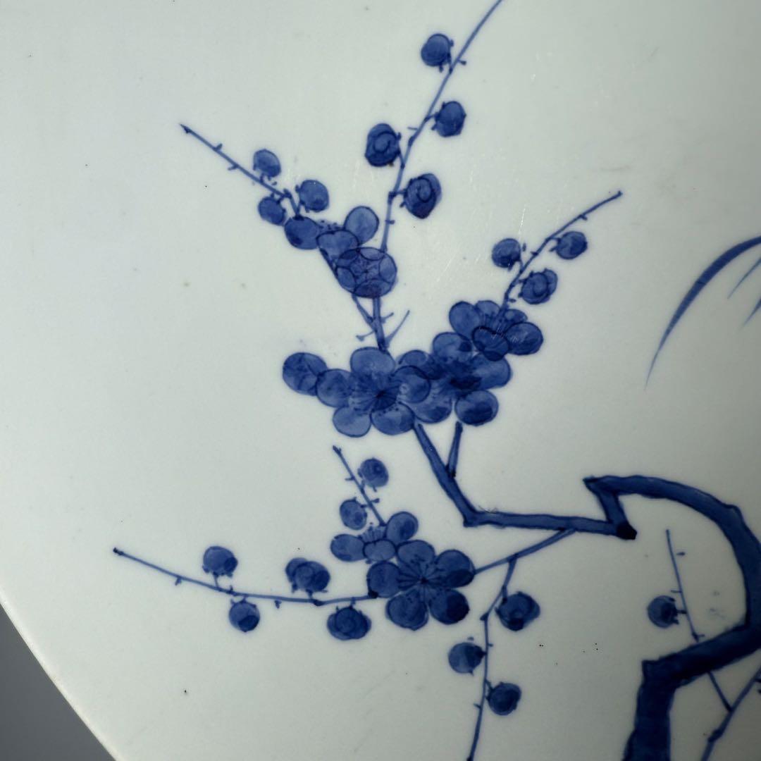 後期鍋島　染付松竹梅大皿　江戸期　三方兜唐花文　高台櫛目文　34cm　蒐集家旧蔵