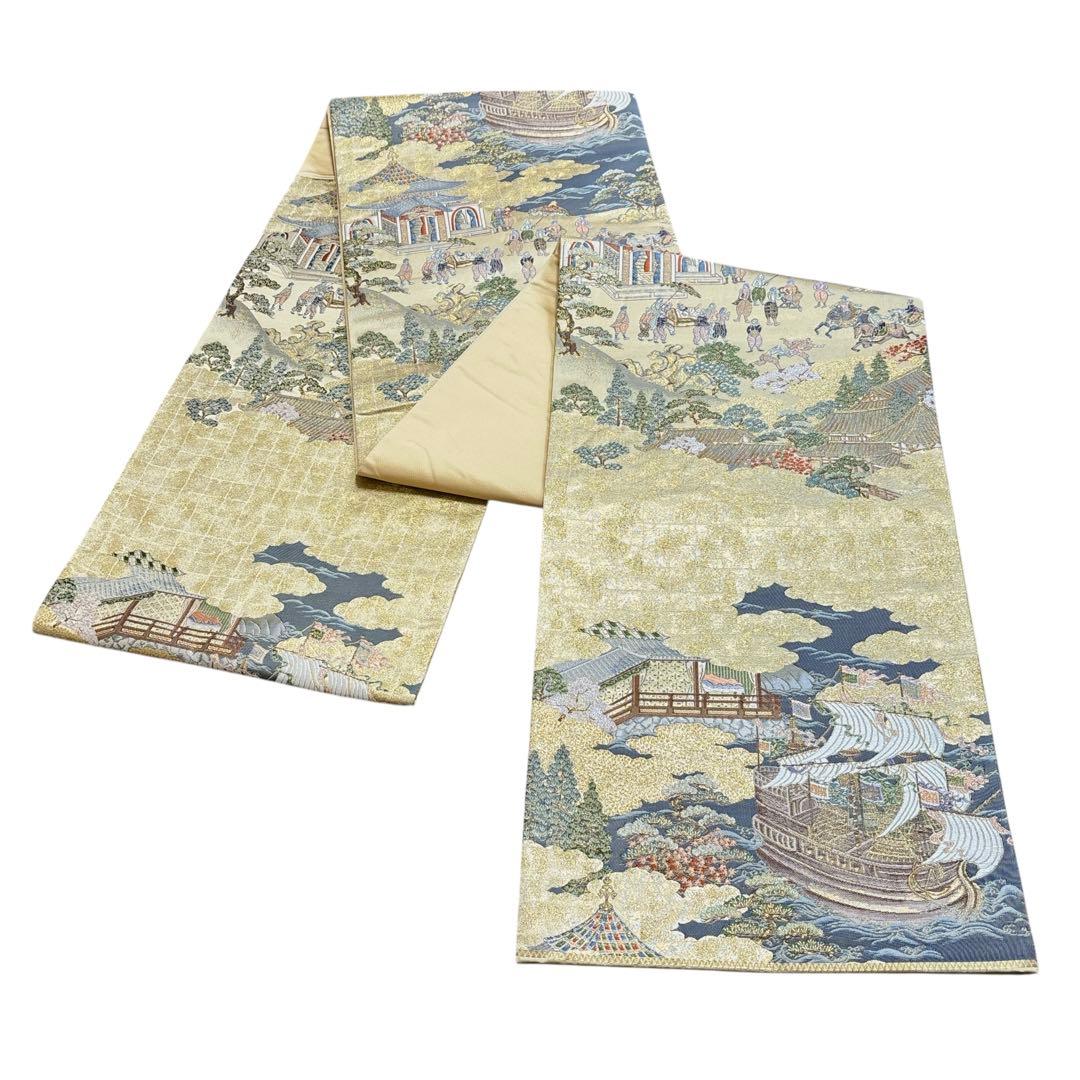 AA30袋帯 六通柄 オラシダ船来港図 金糸　正絹 着物