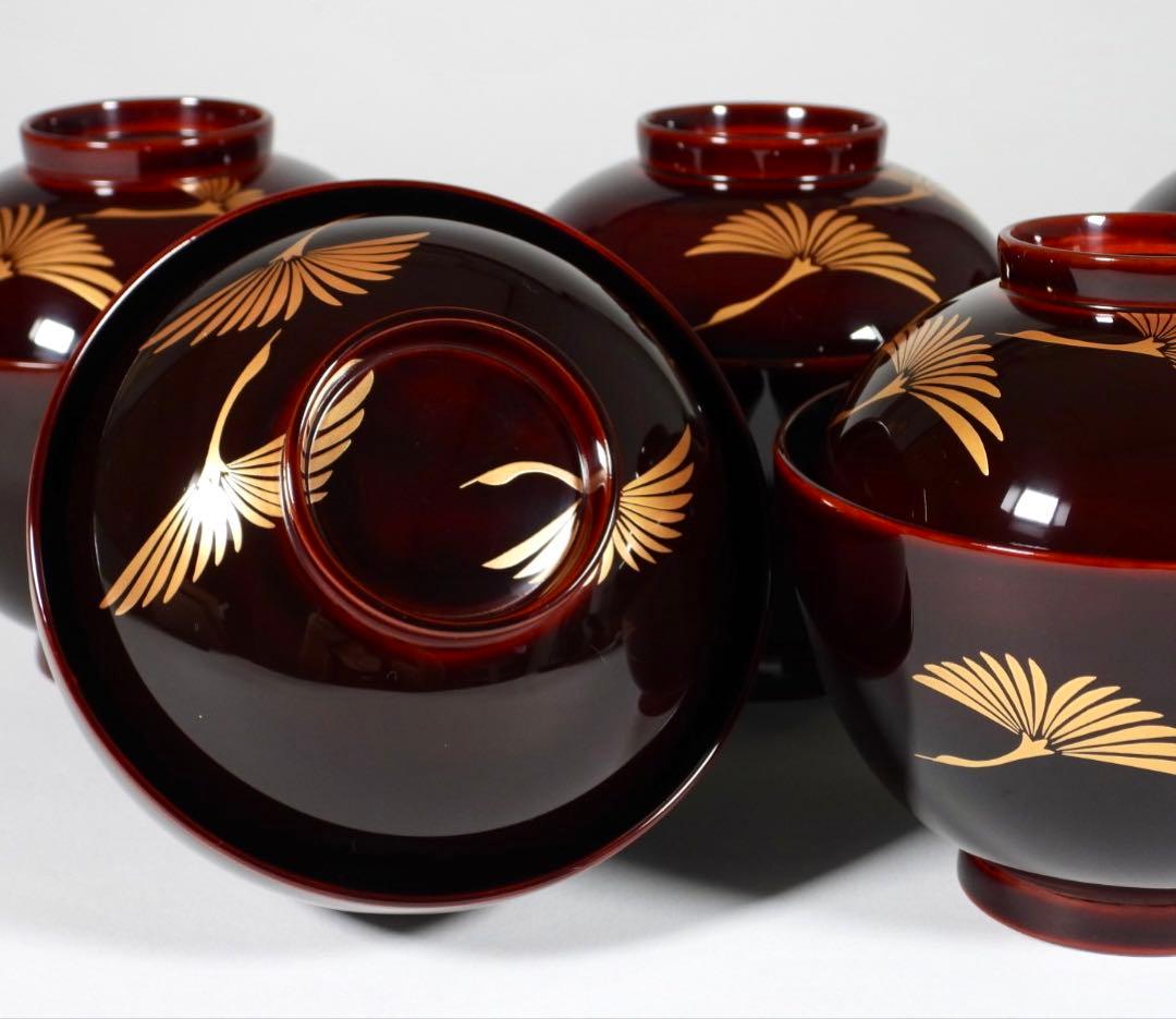 【らいおん】塗師 哲舟 蒔絵師 光峯 輪島屋本店造 輪島塗吸物椀 五客共箱