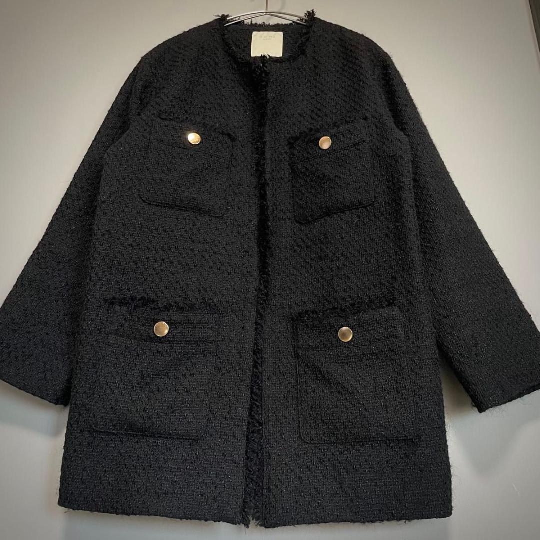 B:MING by BEAMS　ツイード M 黒 ノーカラ- フリンジ 金ボタン