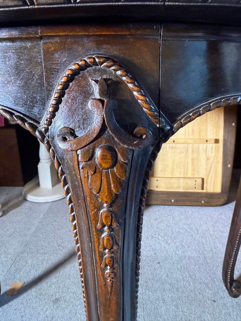 アンティーク 彫刻サロンテーブル 補強安定仕様 ロココ猫脚 直径90cm レトロ