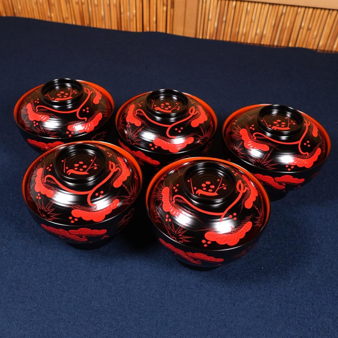 雅な逸品 天然木製 蓬莱山蒔絵 大振 煮物椀 雑煮椀 5客 共箱