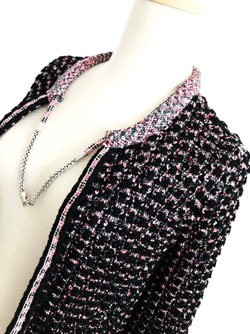 CHANEL ノーカラー　ツイードジャケット　黒ピンク　ココマーク