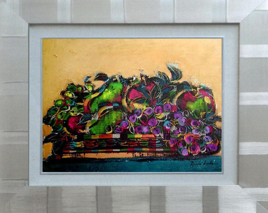 油絵 菅家令子 絵 絵画インテリア 額付(白) uF6-061104 静物 果物