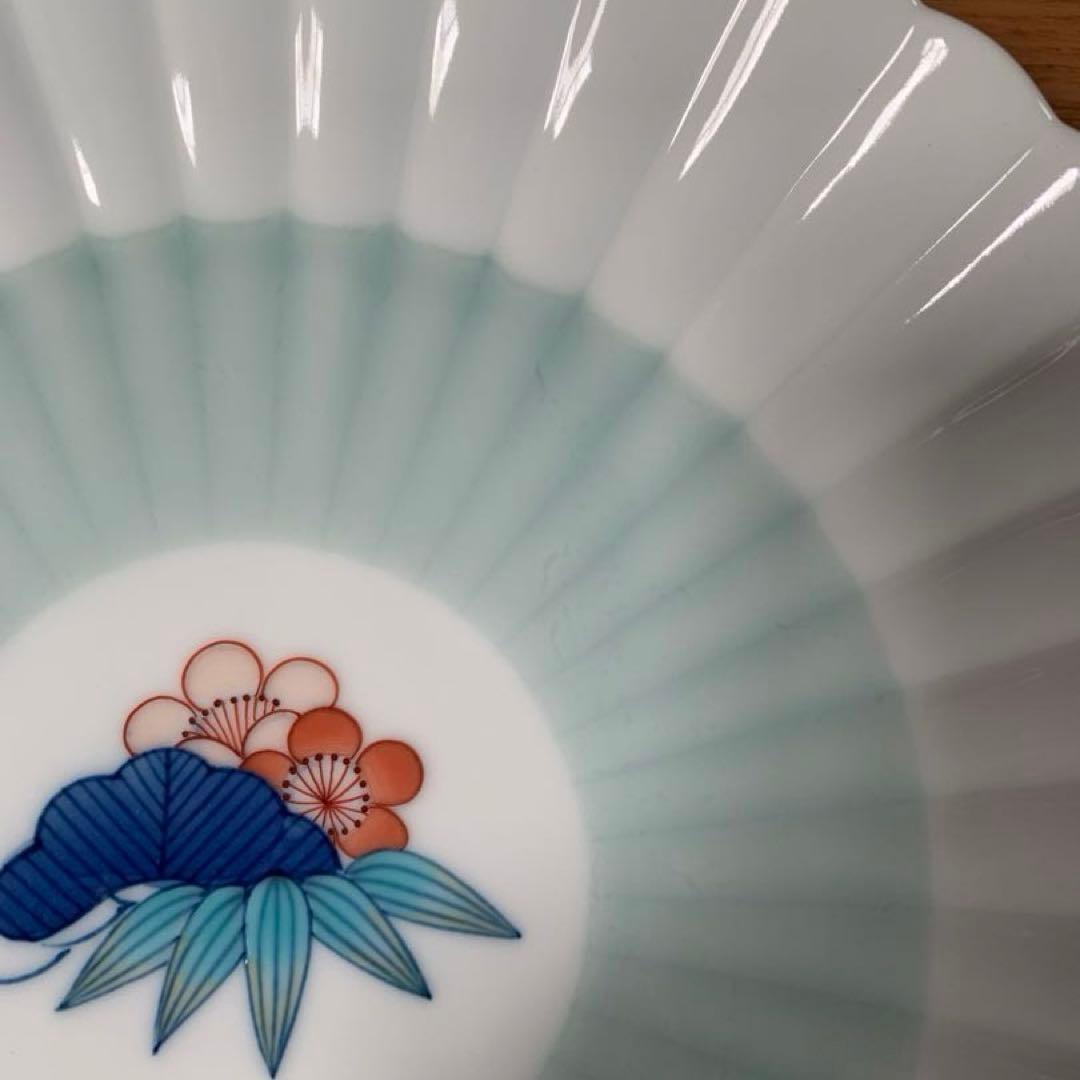 伊万里焼 畑萬陶苑：青磁掛分松竹梅文 菊割6.5寸皿 5枚組セット☆