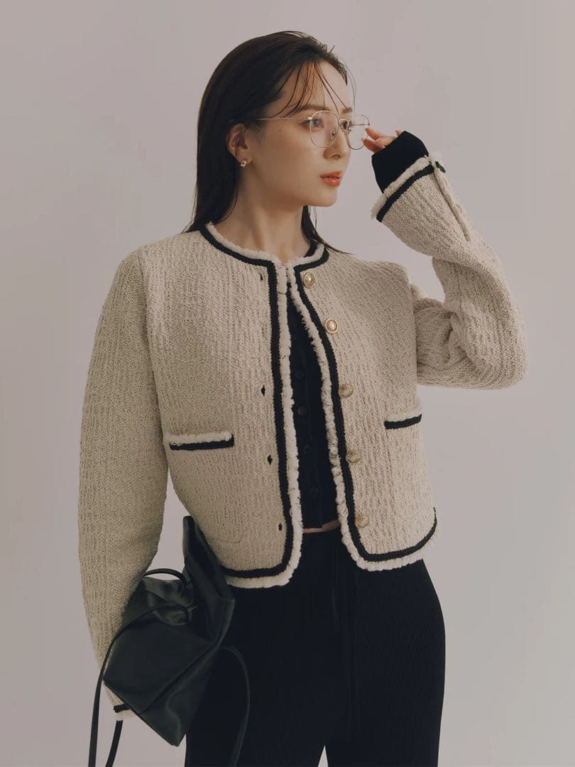 【anuans】クラシカルノーカラーニットジャケット