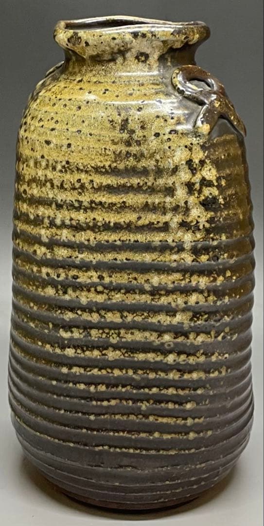 ヨシモ※プロフ必読※古備前　桂又三郎織　結文耳轆轤目ヘコミ花生　G532